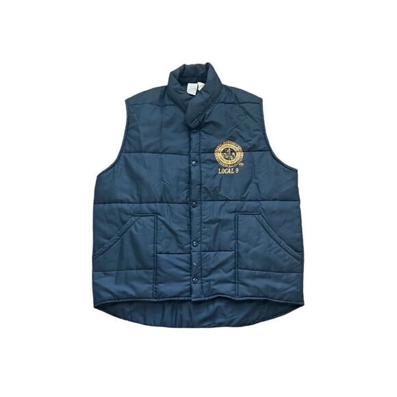 Vintage 70s/80s iron works builders guild navy blue button down puffer vest - Picture 1 of 7